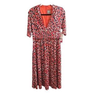 Vince Camuto Red Dot Printed Midi V-Neck 3/4 Sleeve Dress Sz 12 Valentine Office